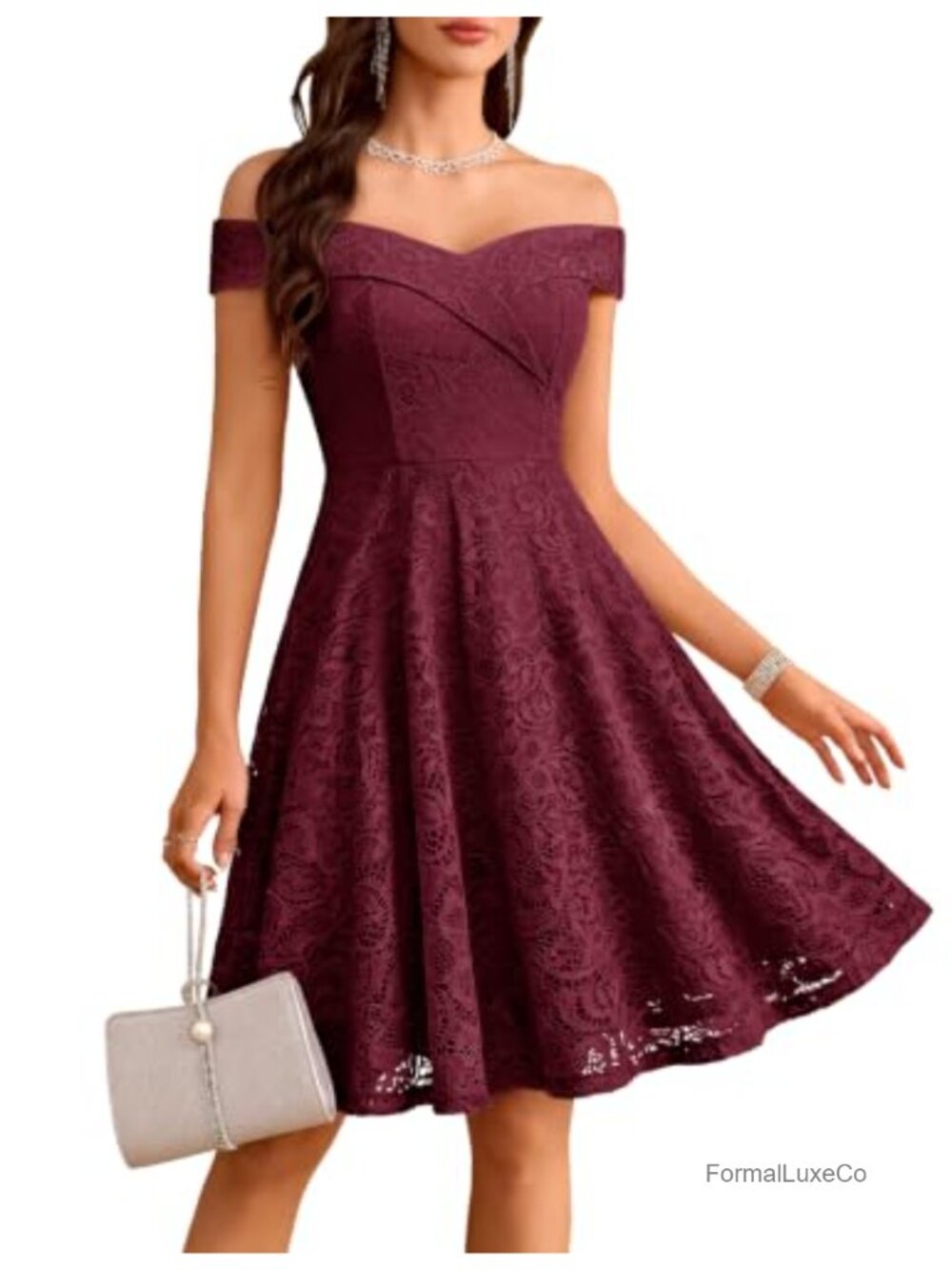 Lace Off Shoulder Sweetheart A-Line Midi Cocktail Dress